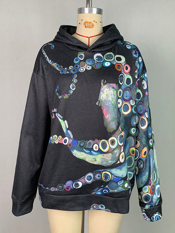 Printed Long Sleeves Hooded Hoodies Tops