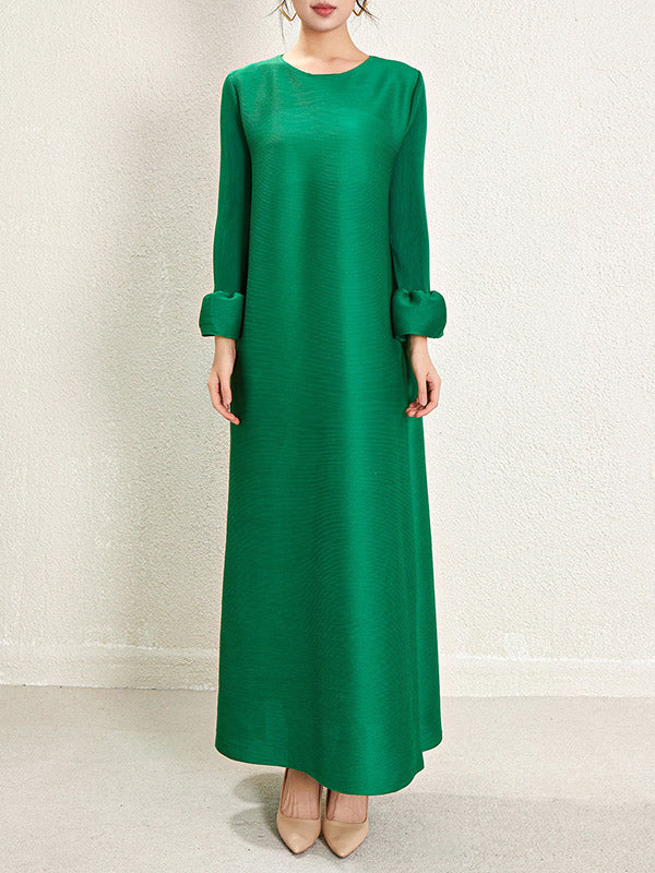 Pleated Solid Color A-Line Loose Round-Neck Maxi Dresses