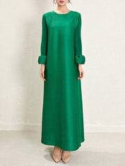 Pleated Solid Color A-Line Loose Round-Neck Maxi Dresses
