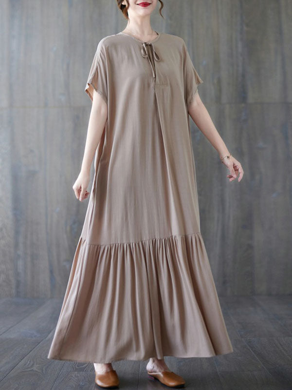 Lace-Up Pleated Solid Color Split-Joint Loose Short Sleeves Round-Neck Midi Dresses