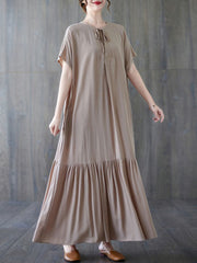 Lace-Up Pleated Solid Color Split-Joint Loose Short Sleeves Round-Neck Midi Dresses