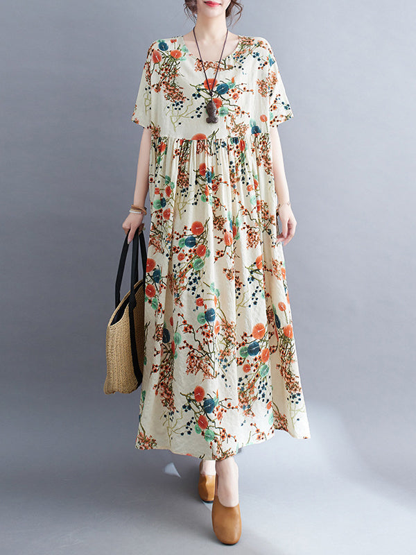 Floral Printed Loose Short Sleeves Round-neck Midi Dresses
