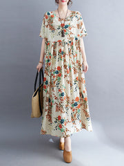 Floral Printed Loose Short Sleeves Round-neck Midi Dresses
