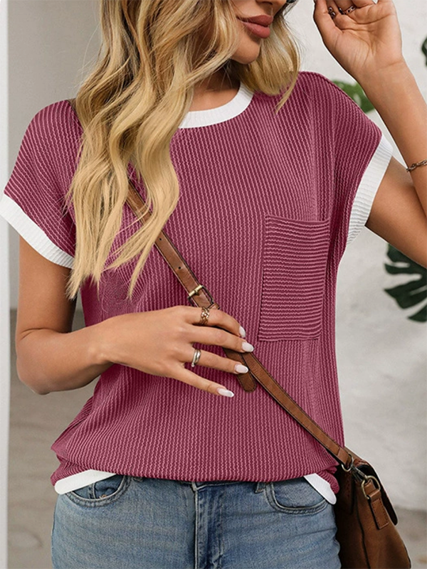 Colorful Contrast Color Pockets Loose Short Sleeves Round-neck T-Shirts Tops