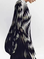 Long Sleeves Loose Diamond-Patterned Round-neck Maxi Dresses