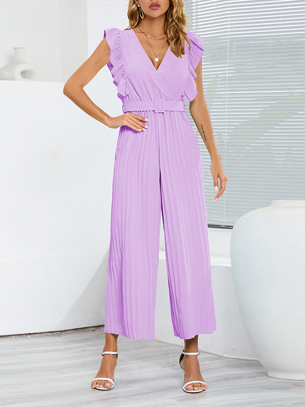 Belted Pleated Ruffled Solid Color High Waisted Loose V-Neck Jumpsuits