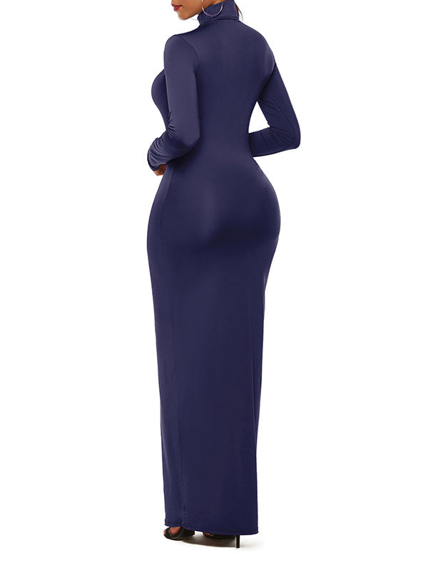 Solid Color Bodycon Long Sleeves High Neck Maxi Dresses