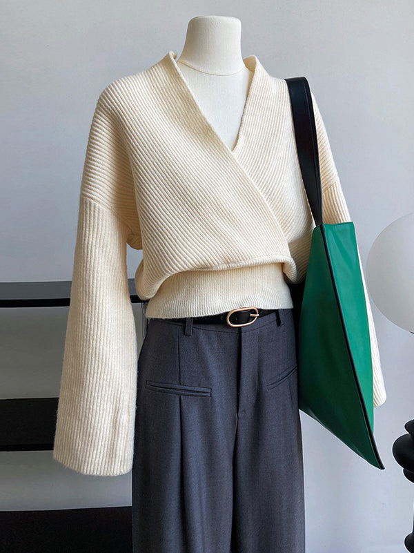 Casual Long Sleeves Loose Solid Color Cross V-Neck Sweater Tops