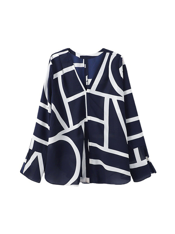 Printed Split-Side Long Sleeves Loose V-Neck Blouses&Shirts Tops