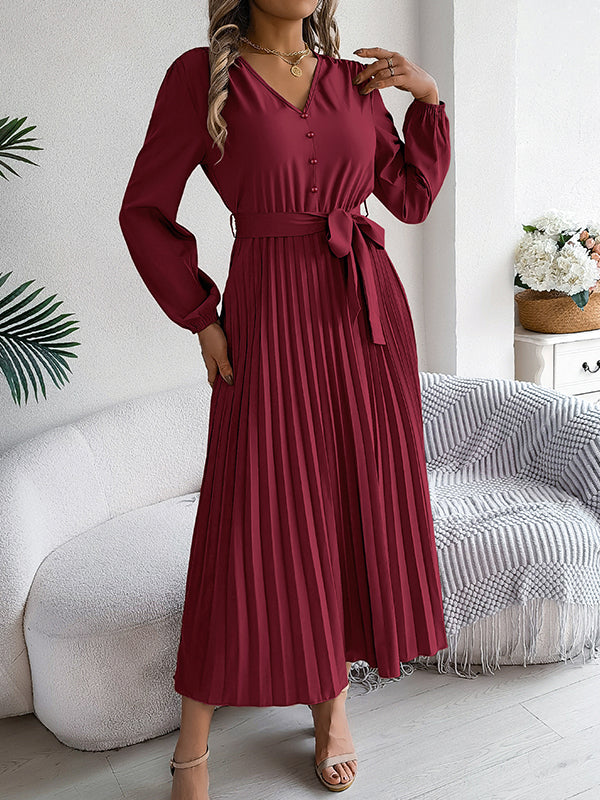 Belted Buttoned Pleated Solid Color High Waisted Long Sleeves V-Neck Maxi Dresses