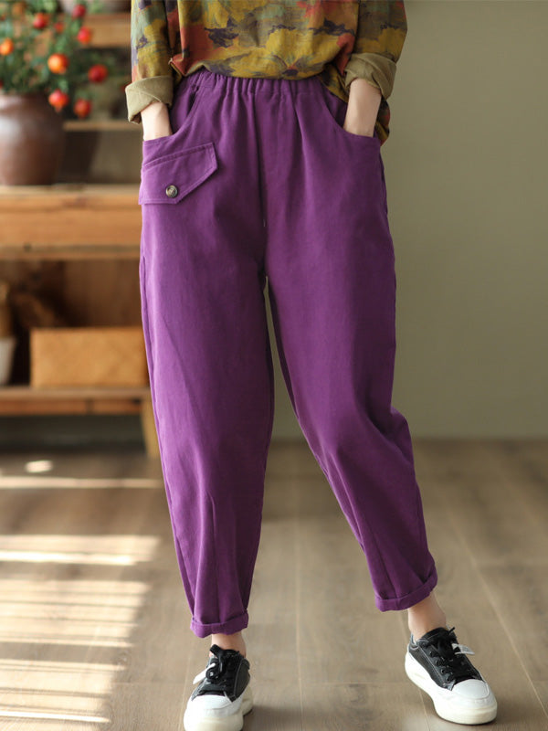 Artistic Retro Loose Solid Color Elasticity Casual Harem Pants Bottoms