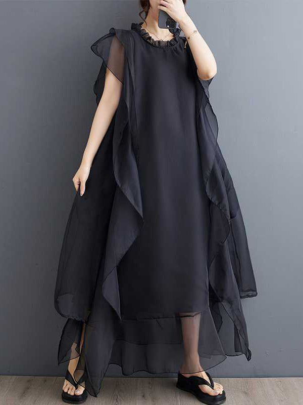 Falbala Ruffled Solid Color Loose Ruffle Sleeves Round-neck Midi Dresses