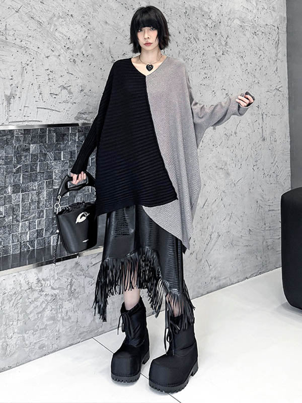 Asymmetric Contrast Color Split-Joint Textured Batwing Sleeves Irregularity V-Neck Sweater Tops