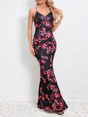 Flower Print Split-Joint Bodycon Mermaid Spaghetti-Neck Maxi Dresses