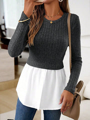 Buttoned Split-Joint Long Sleeves Loose Round-neck Knit Top