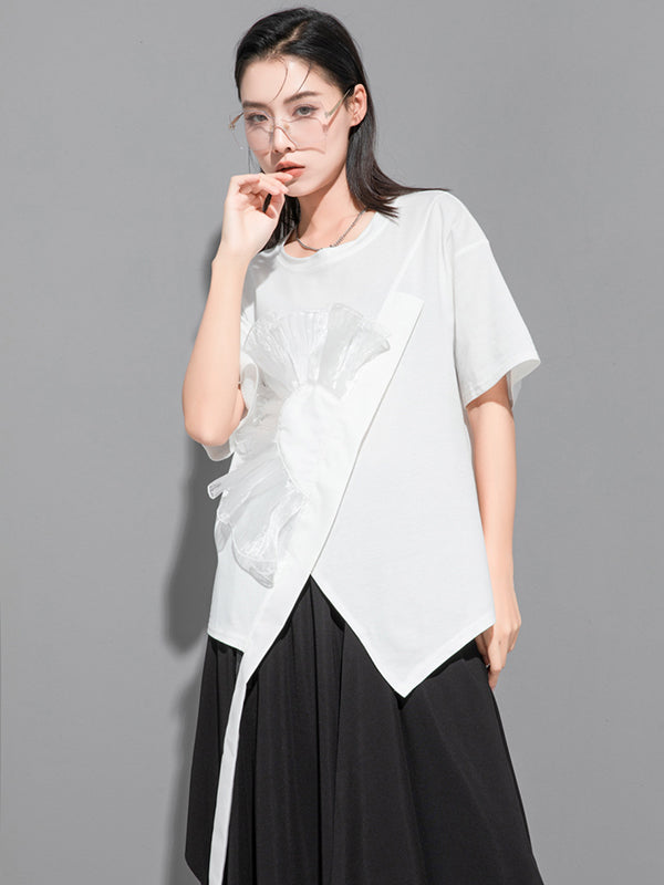 Stylish Black White Irregular Applique T-Shirt