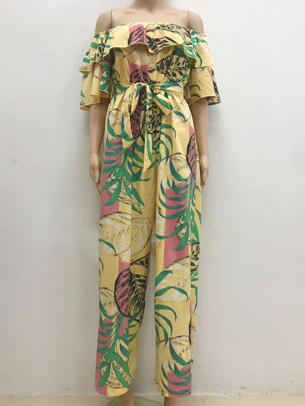 Elasticity Leaves Print Ruffled Tied Waist Half Sleeves Loose Off-The-Shoulder Jumpsuits