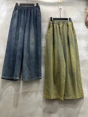 Contrast Color Elasticity Pockets Loose Wide Leg Jean Pants Bottoms