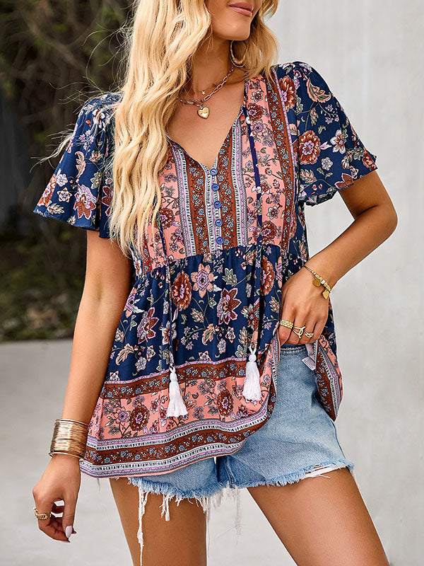Buttoned Flower Print Split-Joint Tasseled Tied Loose Short Sleeves V-Neck T-Shirts Tops