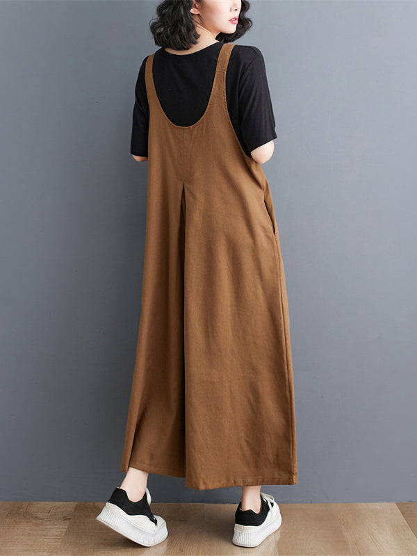Buttoned Solid Color Ninth Pants Wide Leg Spaghetti-Neck Overalls