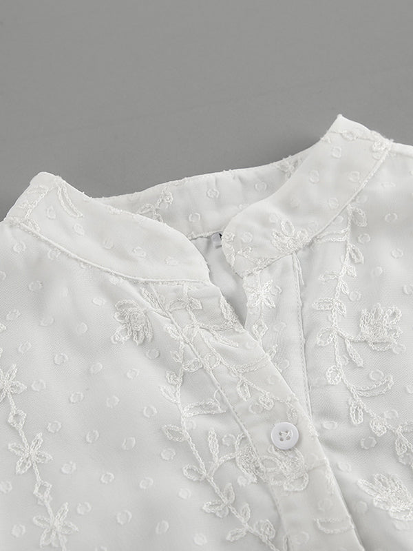 Jacquard Pleated Ruffled See-Through Solid Color Split-Joint Tied Waist Loose Puff Sleeves Stand Collar Mini Dresses