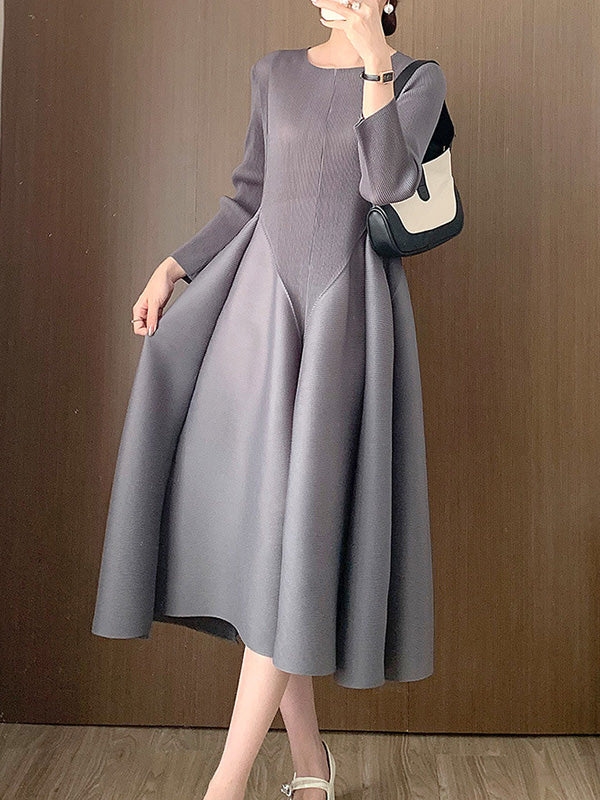 Pleated Solid Color Split-Joint A-Line Loose Round-Neck Midi Dresses