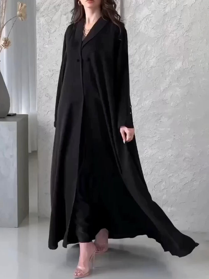 Solid Color Loose Buttoned Pleated Lapel Collar Long Sleeves Maxi Dresses