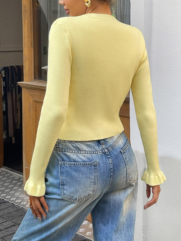 Buttoned Ribbed Knit Single-Breasted Solid Color Long Sleeves Ruffle Sleeves Collarless Outerwear Cardigan Tops