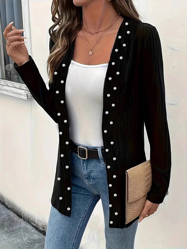 Beaded Solid Color Long Sleeves Loose Collarless Cardigan Tops