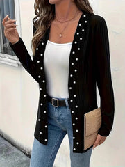 Beaded Solid Color Long Sleeves Loose Collarless Cardigan Tops