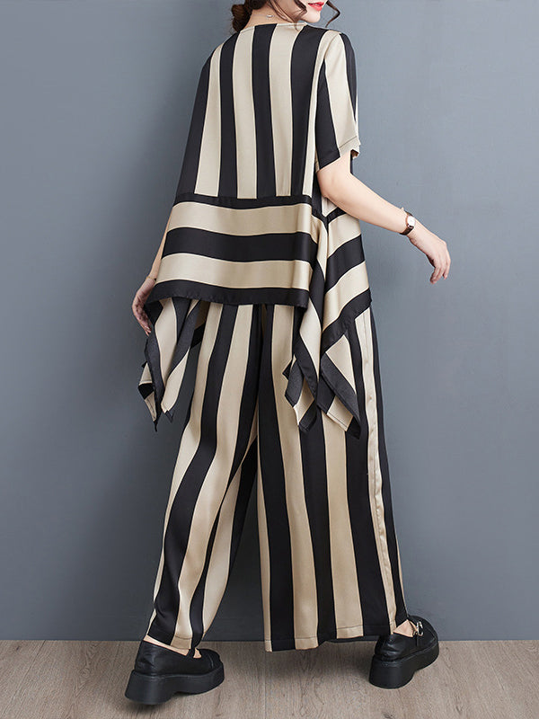 Striped Irregular clipping Loose Round-neck Two Pieces Set