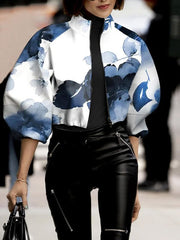 Printed Zipper Long Sleeves Loose Stand Collar Outerwear