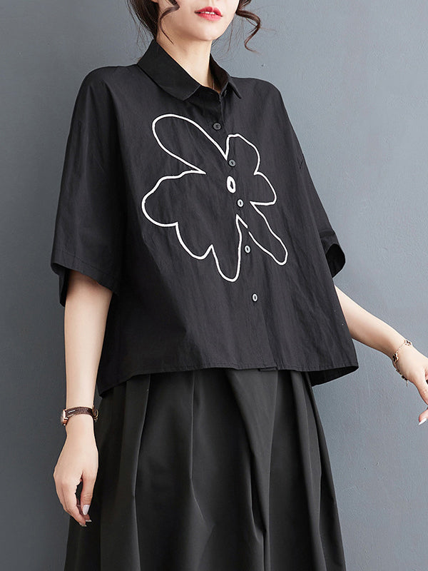Floral Printed Loose Short Sleeves Lapel Blouses