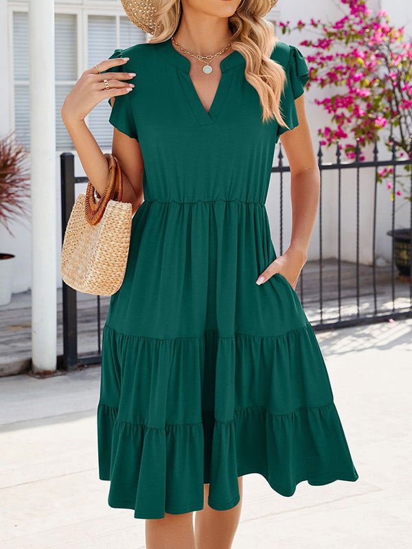 Pleated Pockets Solid Color Split-Joint Loose Ruffle Sleeves V-Neck Midi Dresses