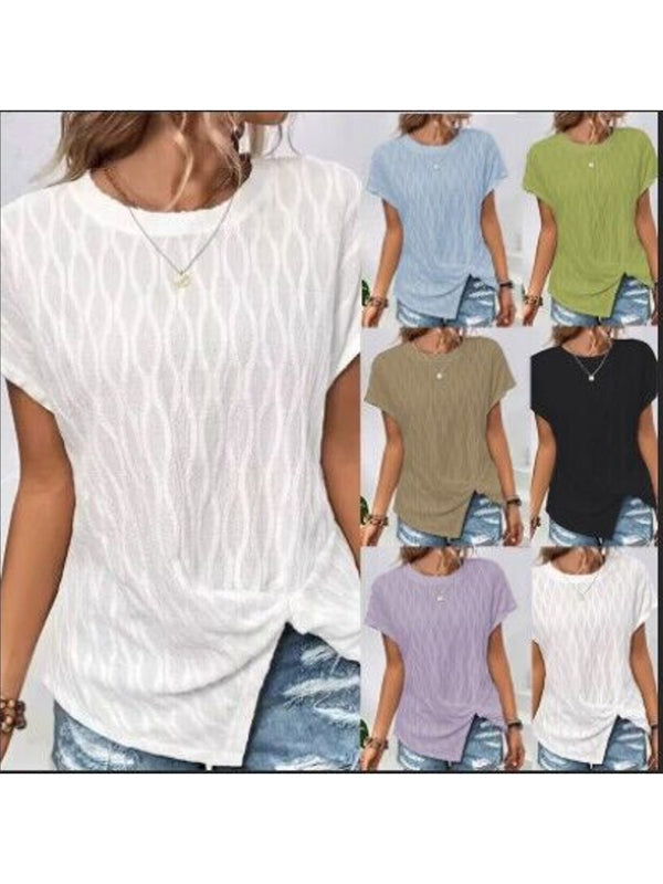Jacquard Solid Color Split-Front Batwing Sleeves Loose Round-Neck T-Shirts Tops