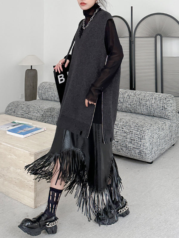 Asymmetric Buttoned Crocodile Texture Solid Color Tasseled A-Line Irregularity Skirts Bottoms