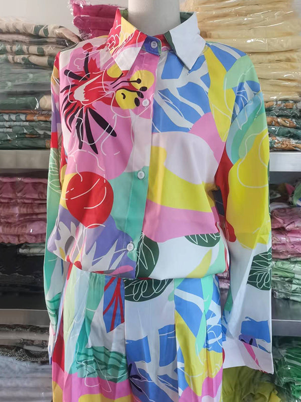 Contrast Color Printed Lapel Long Sleeves Buttoned Blouses Top+ High Waisted Pants Bottom Two Pieces Set