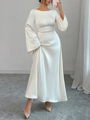 Solid Color Tied Zipper A-Line Flared Sleeves Round-Neck Maxi Dresses
