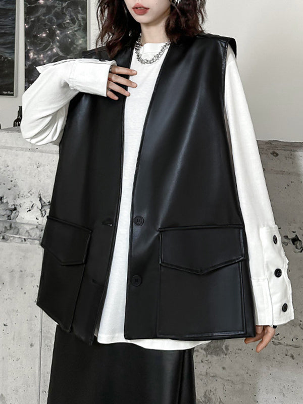 Buttoned Pockets Solid Color Loose Sleeveless V-neck Vest Outerwear