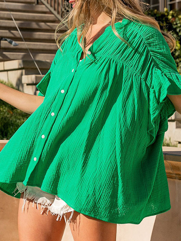 Pleated Split-Joint Batwing Sleeves Loose Round-Neck Blouses&Shirts Tops