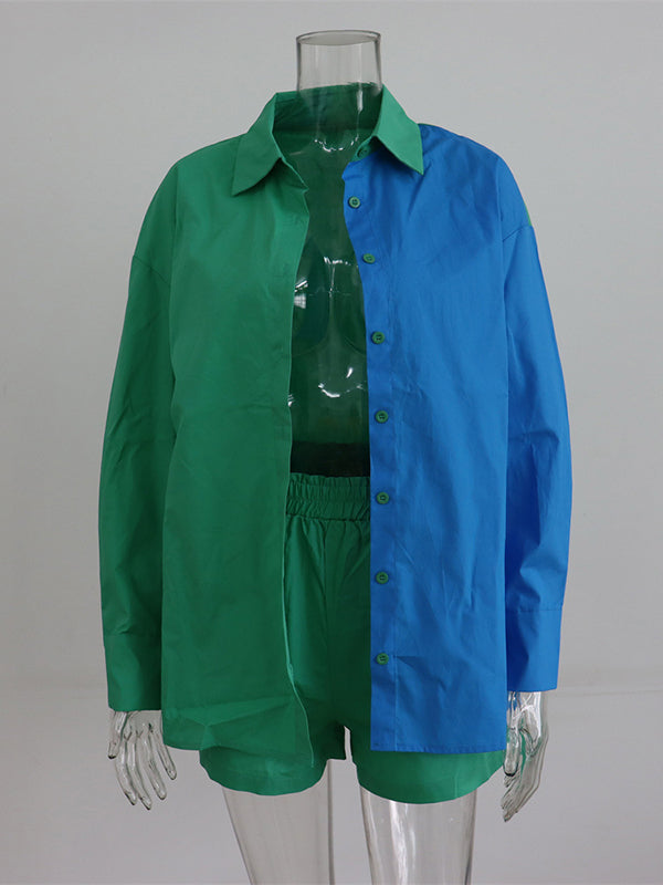 Original Loose Contrast Color Blouse&Elasticity Shorts 2 Pieces Set