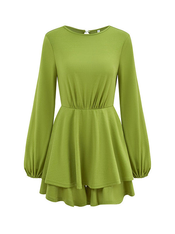 Elasticity Hollow Pleated Solid Color Long Sleeves Puff Sleeves Round-Neck Rompers