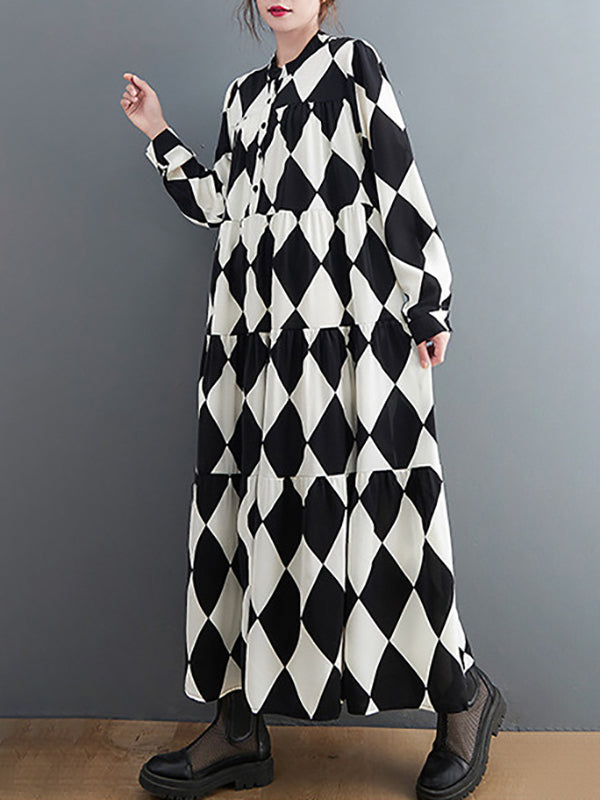 Buttoned Plaid A-Line Long Sleeves Polo Midi Dresses