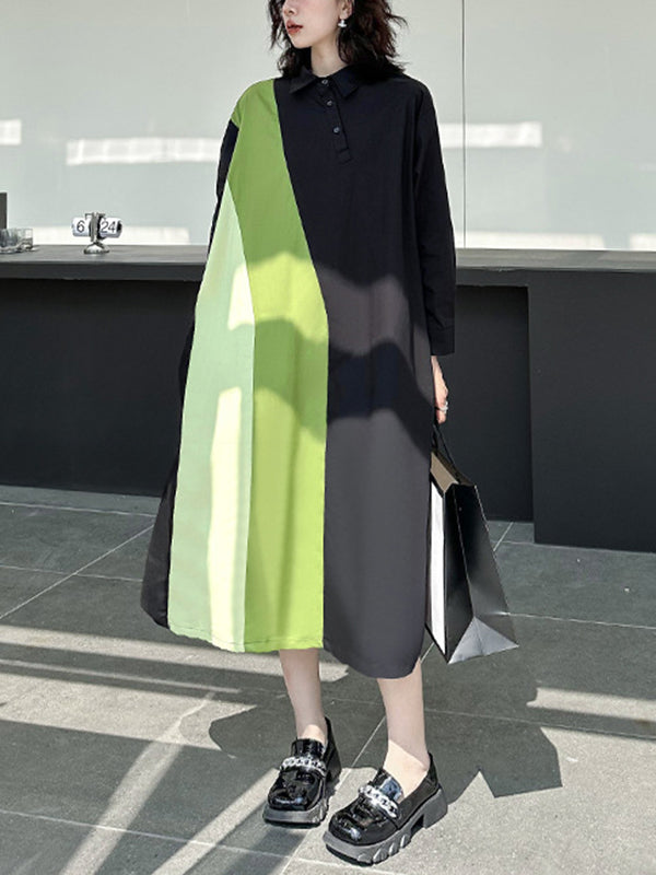 Asymmetric Buttoned Contrast Color Split-Joint Long Sleeves Loose Lapel Shirt Dress Midi Dresses