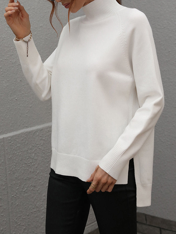 Solid Color Split-Side High-Low Long Sleeves High Neck Sweater Tops Pullovers