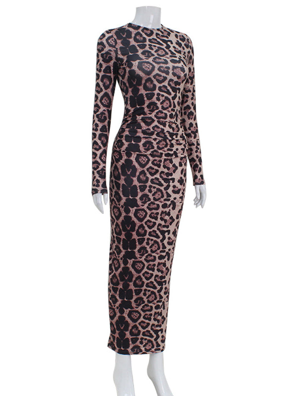 Leopard Printed Bodycon Long Sleeves Round-Neck Maxi Dresses