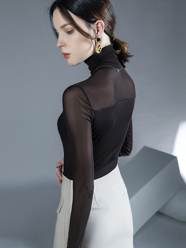 See-Through Solid Color Split-Joint Long Sleeves Skinny High Neck Blouses&Shirts Tops