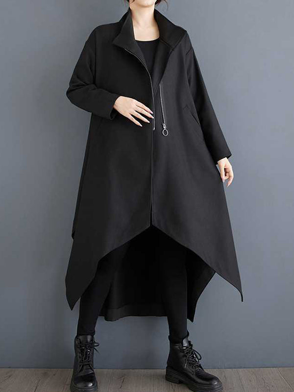 Pockets Solid Color Split-Joint Zipper High-low Long Sleeves Stand Collar Outerwear