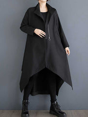 Pockets Solid Color Split-Joint Zipper High-low Long Sleeves Stand Collar Outerwear
