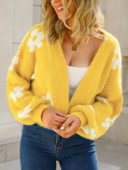 Knitted Flower Long Sleeves Loose Collarless Cardigan Tops